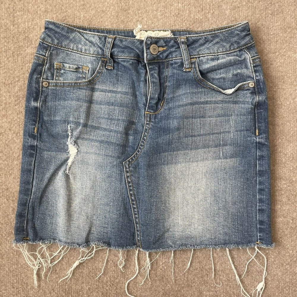 Altar'd State Skirt Womens XS Denim Jean Stretch Raw Hem Mini Distressed Summer